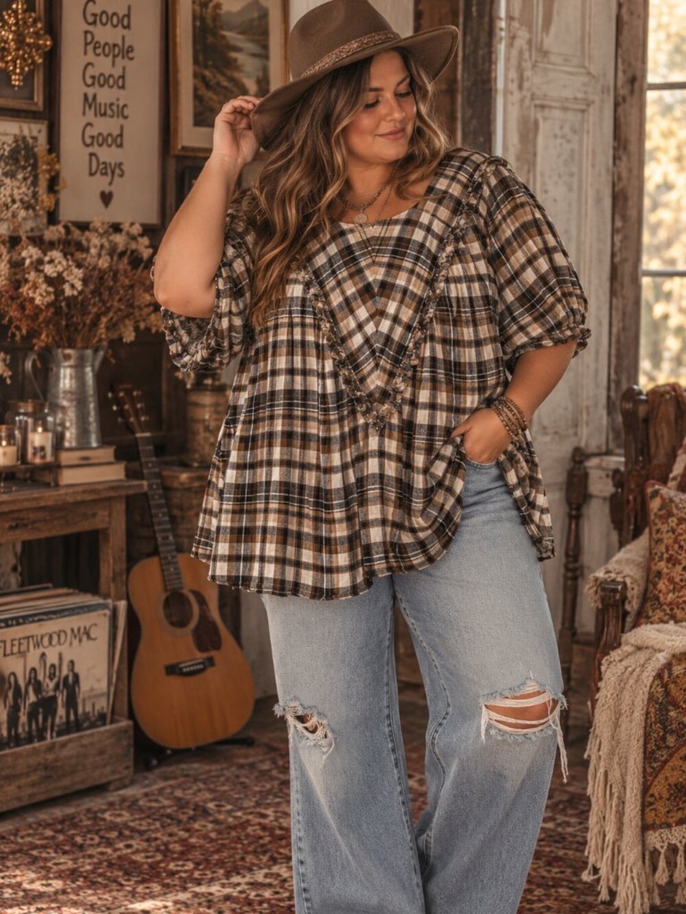 Plaid Ruffle Babydoll Peasant Blouse